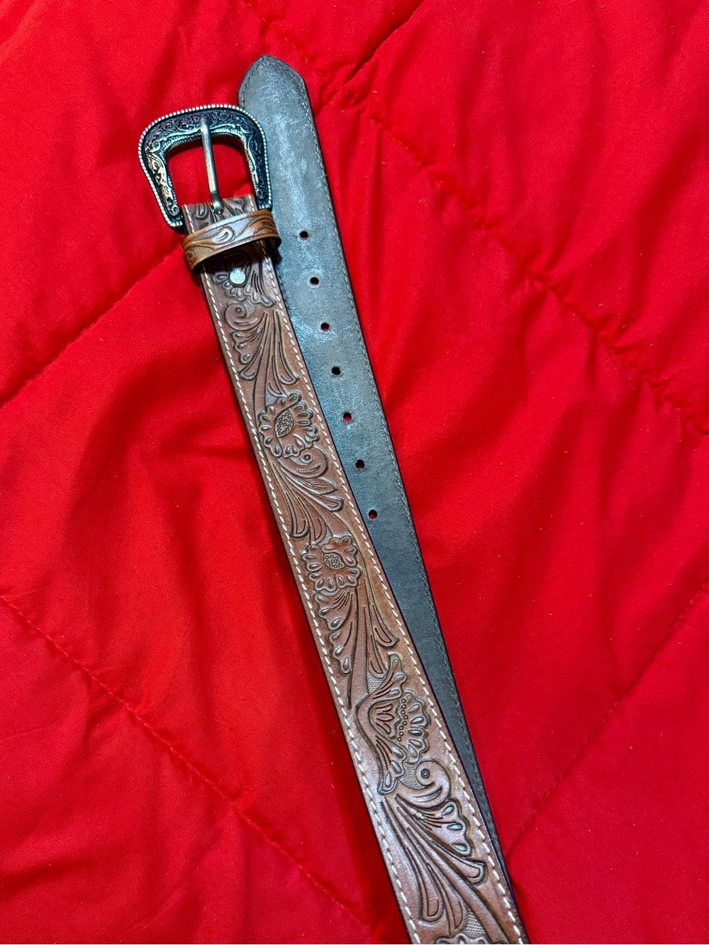Brown Tooled Leather Men's Belt with Decorative Buckle